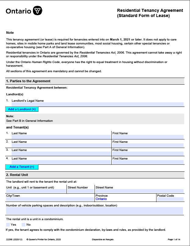 Ontario standardized lease agreement